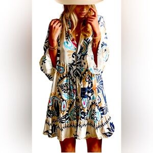 Flowy Ruffle 3/4 Sleeve V Neck Tiered Casual Babydoll Boho Beach Mini Dress NWOT